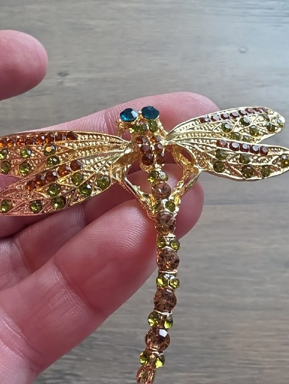 Gold-Tone Dragonfly Brooch with Green and Amber Crystals